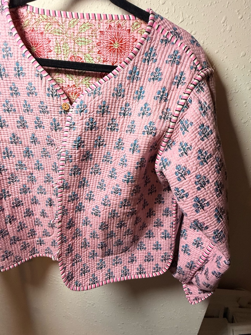 Reversible Quilted Floral Jacket Pink Block Print Cotton Cottagecore croquette - Picture 10 of 14